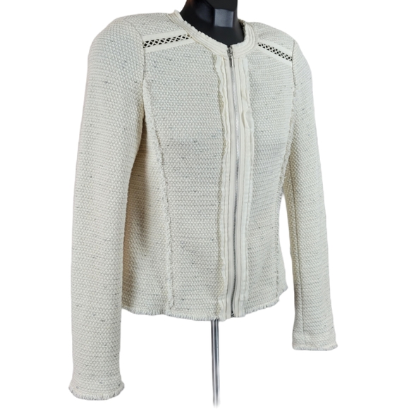 REBECCA TAYLOR Ivory Zip Up Fringe Blazer Jacket Size 2 - Picture 3 of 12